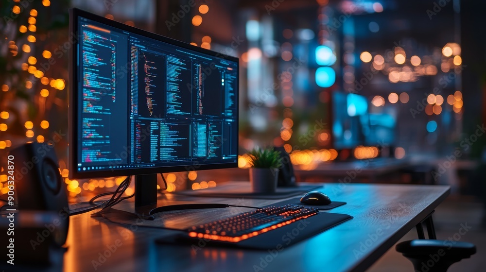 Remote working space with high-tech equipment, depicting the future of work. Remote working space with high-tech equipment, depicting the future of work.