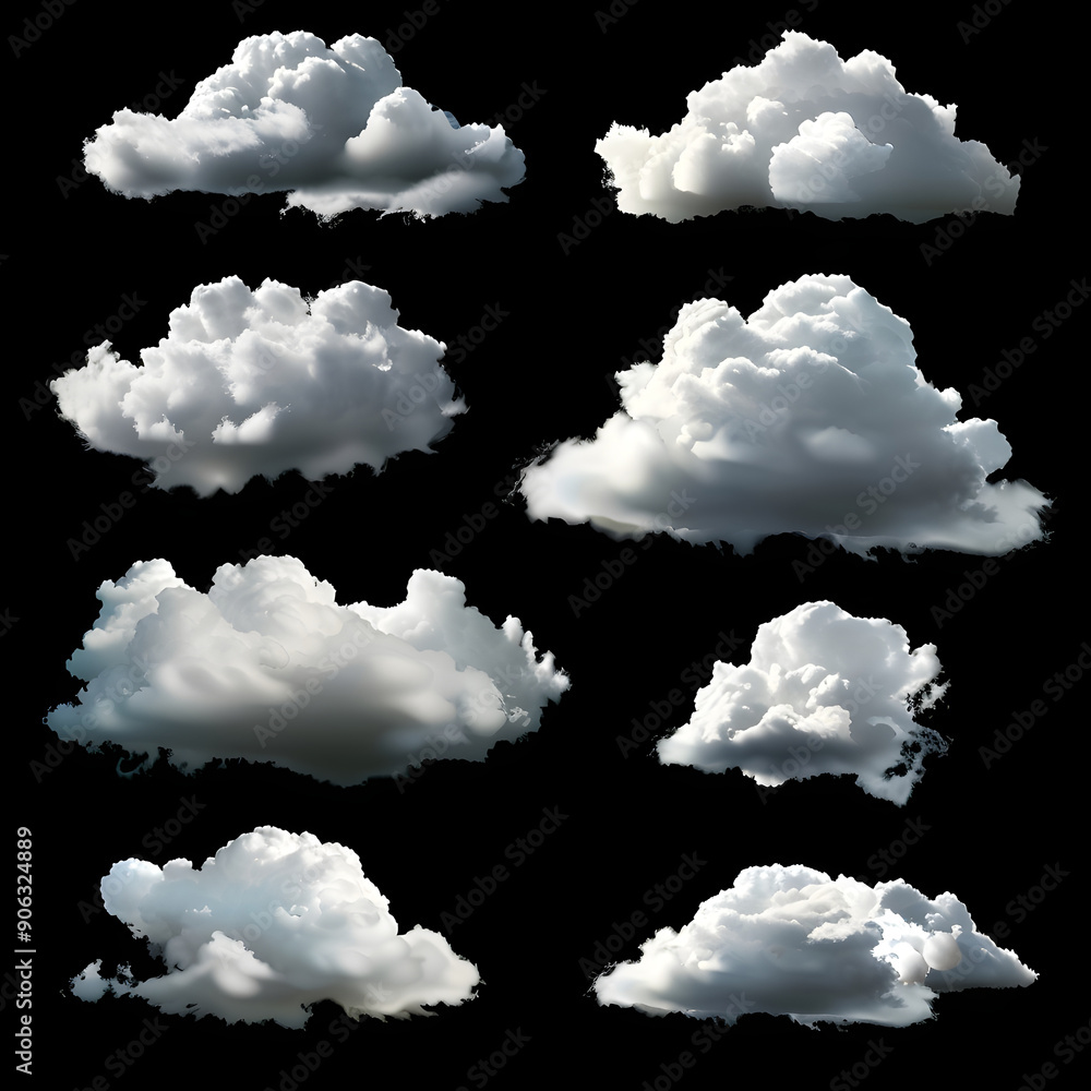 Set of different clouds isolated on black background, perfect for photo manipulations Set of different clouds isolated on black background, perfect for photo manipulations