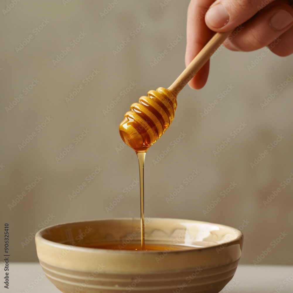 Close-Up of Honey Dipper Drizzling Honey into Bowl with Simple Close-Up of Honey Dipper Drizzling Honey into Bowl with Simple