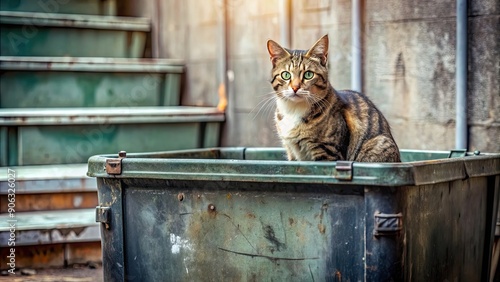 Stray cat sitting in a dirty garbage bin , Stray, Cat, Abandoned, Garbage, Bin, Dirty, Feline, Alley, Homeless, Scavenging, Urban