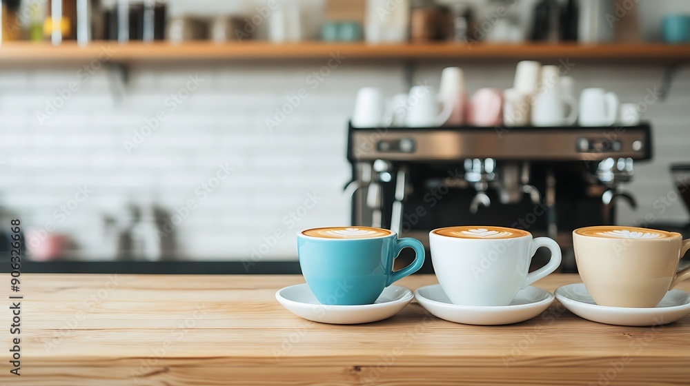 Three Coffee Cups on Cafe Counter, Variety of Coffee Selections, Group Coffee Serving, Espresso Cups Display, Morning Brew Variety, Cafe Coffee Assortment, Hospitality in Coffee Three Coffee Cups on Cafe Counter, Variety of Coffee Selections, Group Coffee Serving, Espresso Cups Display, Morning Brew Variety, Cafe Coffee Assortment, Hospitality in Coffee
