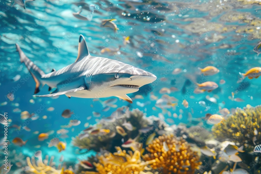 Naklejka premium Shark Swimming with Fish in Ocean