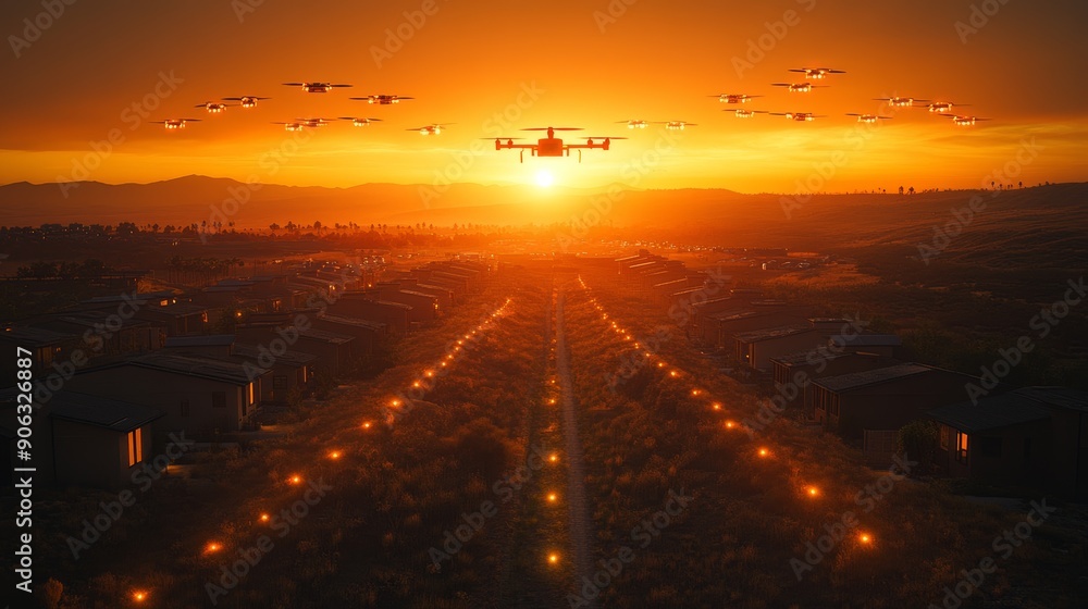 Fototapeta premium Solar-powered drones delivering packages, symbolizing innovation in logistics.