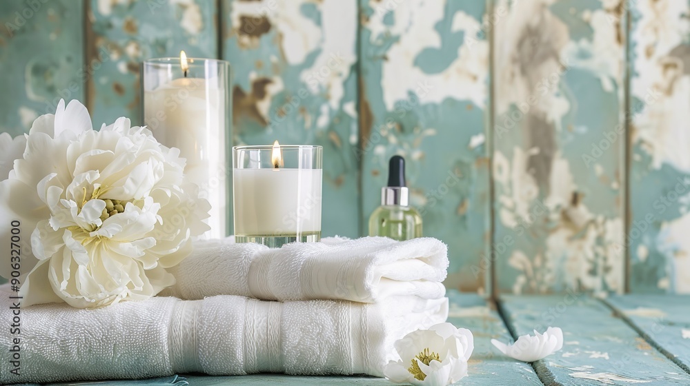 White Towels, White Peonies, Candles, and Scented Oils in Delicate Turquoise Tones White Towels, White Peonies, Candles, and Scented Oils in Delicate Turquoise Tones