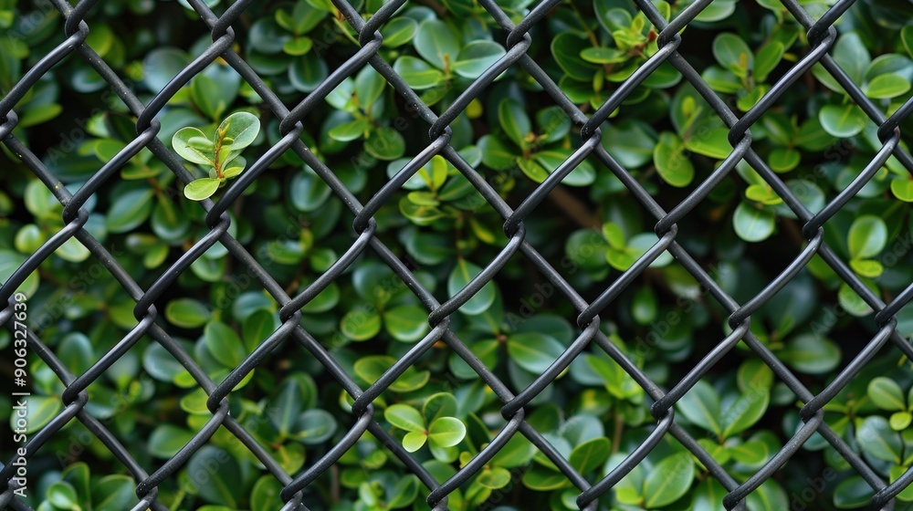 Fototapeta premium Green Leaves Through Chain Link Fence