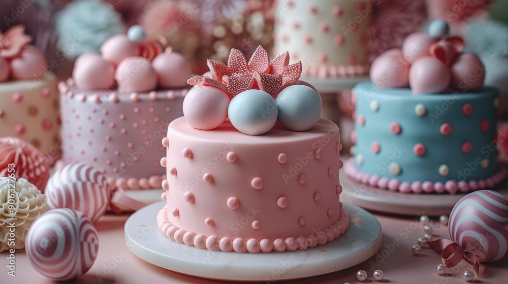 Pastel Polka Dot Cakes with Pink Ribbons and Ornaments Pastel Polka Dot Cakes with Pink Ribbons and Ornaments