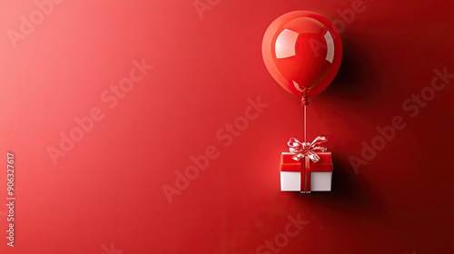 Balloon carrying a gift box on a red background, ideal for birthday or Valentine's Day concepts with plenty of space for promotional text.