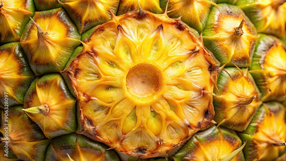 Close up of a slice of pineapple showing the texture, pineapple, tropical fruit, fresh, juicy, sweet, yellow, close up, background Close up of a slice of pineapple showing the texture, pineapple, tropical fruit, fresh, juicy, sweet, yellow, close up, background