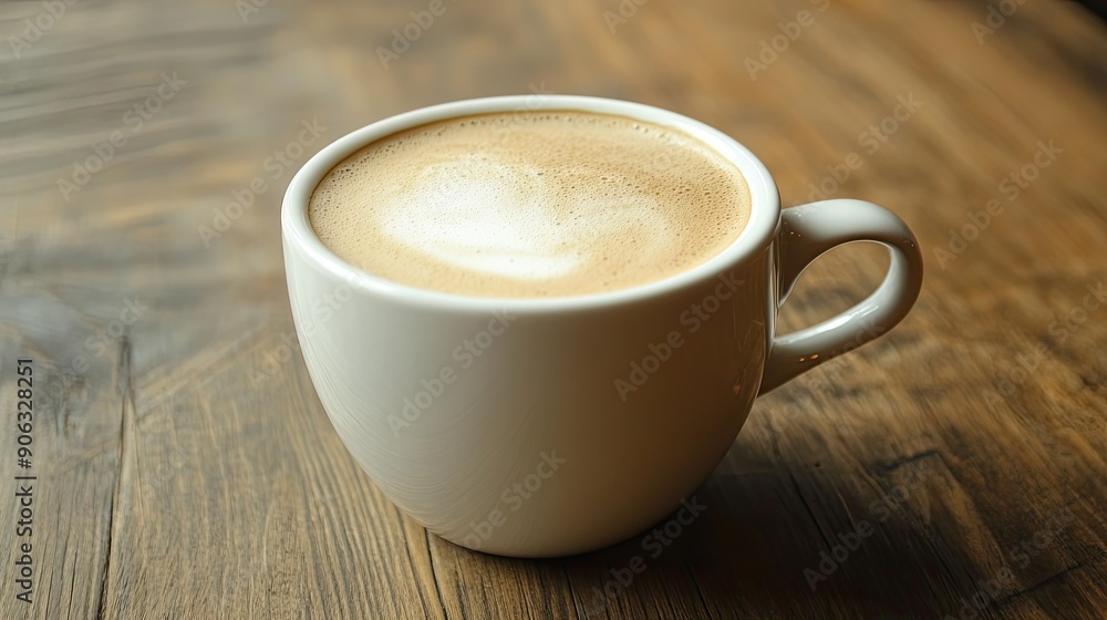 Close-up of a white cappuccino mug with frothy milk on a wooden table, ideal for coffee recipes or cafe-style content. Close-up of a white cappuccino mug with frothy milk on a wooden table, ideal for coffee recipes or cafe-style content.