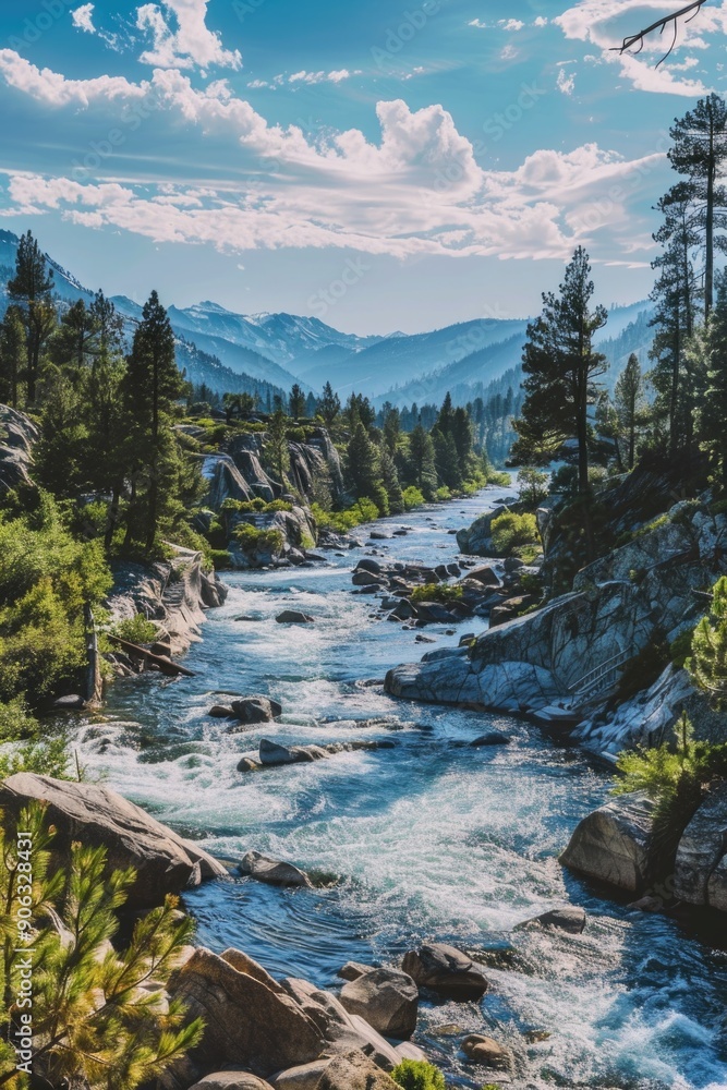 River runs through lush green forest River runs through lush green forest