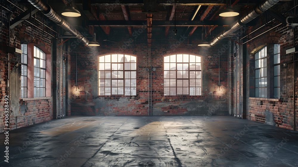 Interior view of an old rundown and abandoned factory building Big empty room with brick walls exposed beams and florescent light fixtures hanging form the ceiling : Generative AI Interior view of an old rundown and abandoned factory building Big empty room with brick walls exposed beams and florescent light fixtures hanging form the ceiling : Generative AI