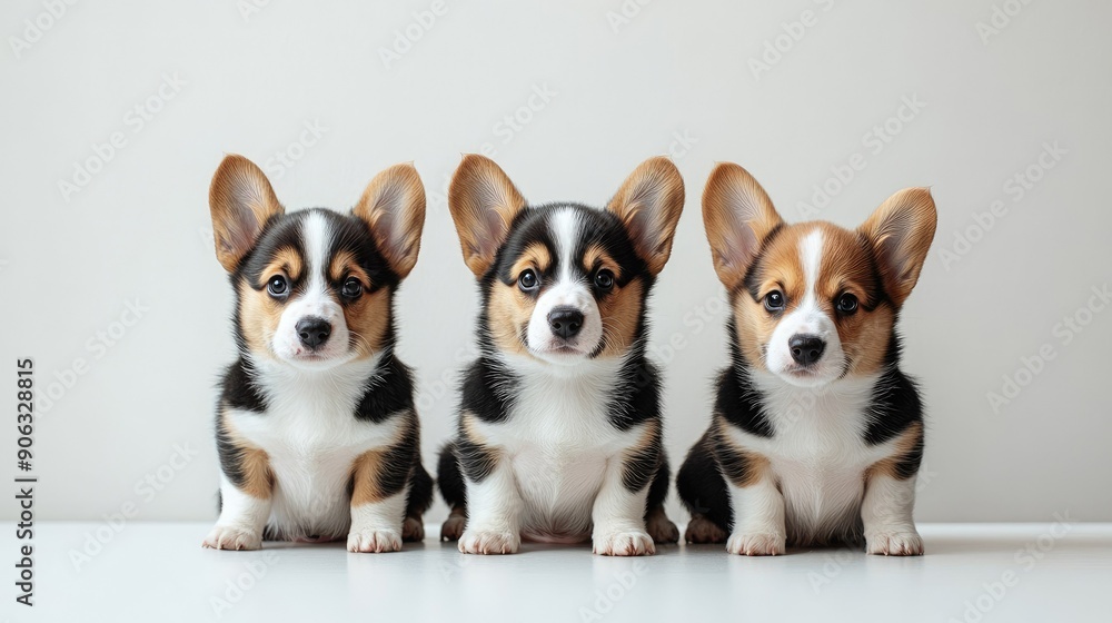 Cute Welsh Corgi Cardigan puppies sitting on a white surface, perfect for a fun and fluffy pet photo with clear space for captions.