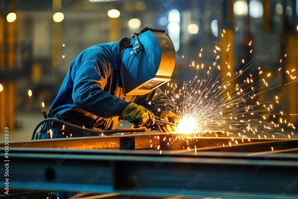 Welder in a factory welding metal with sparks flying Welder in a factory welding metal with sparks flying