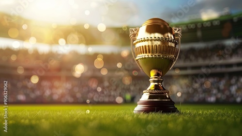 Cricket championship trophy with shining gold accents in front of a world cup trophy on a green cricket stadium field with floodlights and crowd, perfect for sports events, tournaments, and athletic c photo