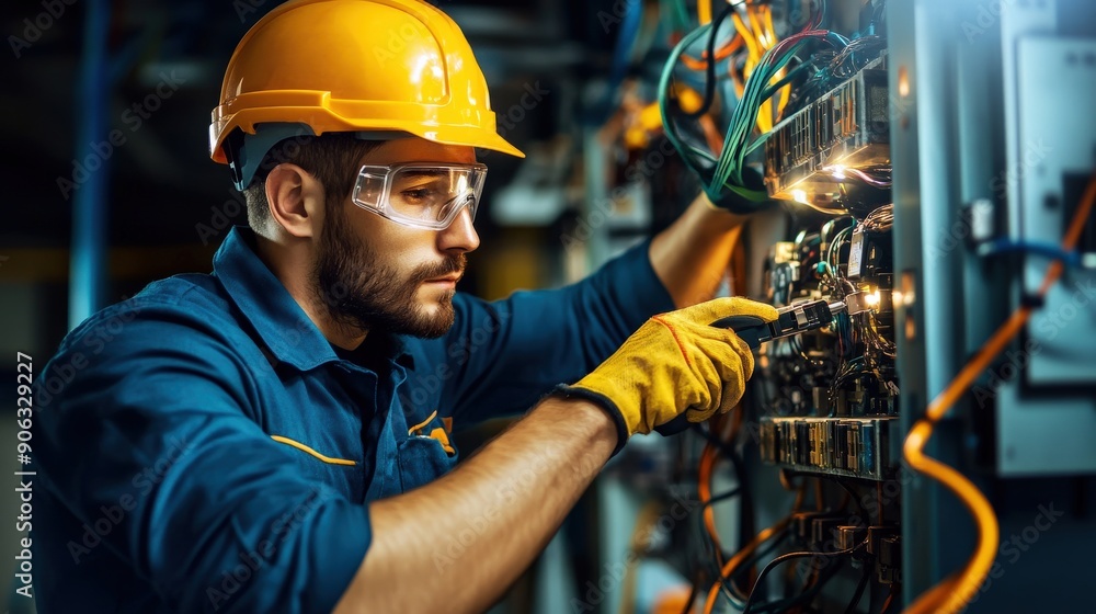A man electrician in uniform is working on a electric machine A man electrician in uniform is working on a electric machine
