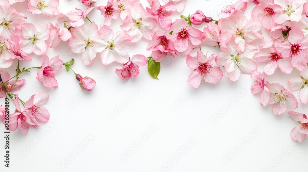 Obraz premium Elegant cherry blossom flowers isolated on a white surface, offering generous blank space for text, ideal for spring promotions or greetings.