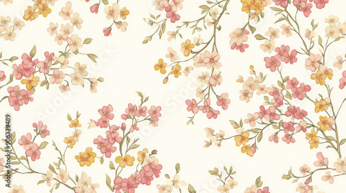 Wallpaper Mural A classic floral liberty pattern featuring small, detailed flowers in soft pinks and yellows, creating a timeless and elegant design. Torontodigital.ca