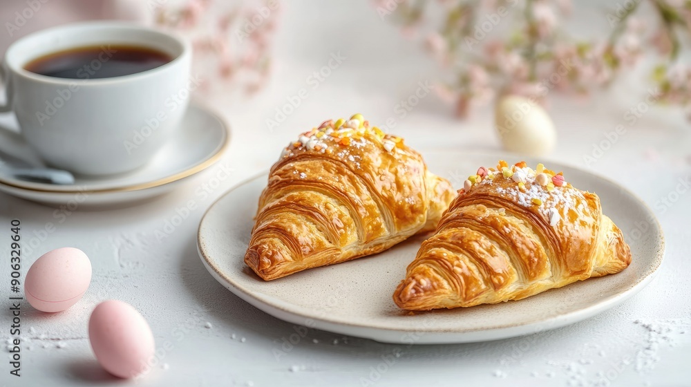 Festive Easter pastry and a steaming cup of coffee on a white background, with soft toning and selective focus for a seasonal feel. Festive Easter pastry and a steaming cup of coffee on a white background, with soft toning and selective focus for a seasonal feel.
