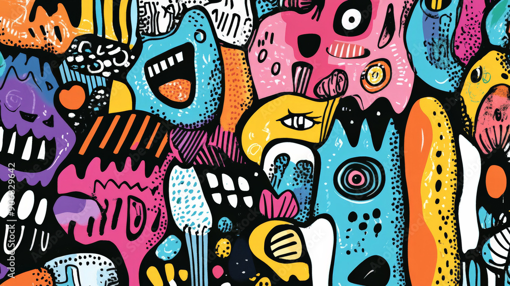 Fototapeta premium An engaging doodle art header filled with a variety of whimsical shapes and textured patterns, in a bright and cheerful color palette.