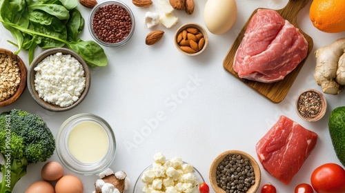 Wallpaper Mural Flat lay of assorted keto-friendly products on a white background, featuring ample space for text, ideal for diet and health ads. - Torontodigital.ca