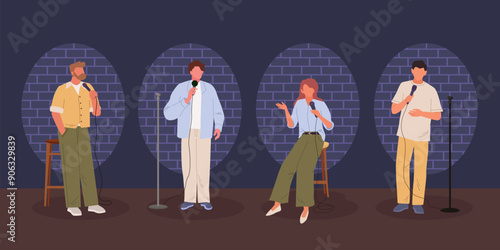 speaker orator characters. people with microphone lecture talk from podium humor comic performance show, public speech concept characters collection. vector cartoon flat characters set.