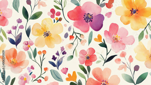 A whimsical seamless watercolor floral pattern with a variety of blossoms and leaves in vibrant, cheerful colors, evoking a sense of playfulness and joy.