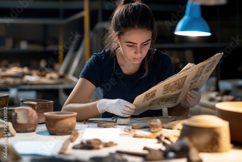 Young Archaeologist Studying Ancient Text in Artifact Lab