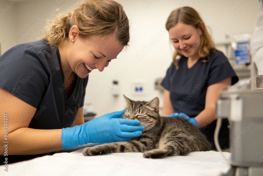 Veterinarians Examining Happy Cat During Checkup Veterinarians Examining Happy Cat During Checkup