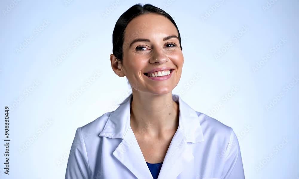 Portrait of smiling female doctor with white coat looking at camera. Portrait of smiling female doctor with white coat looking at camera.