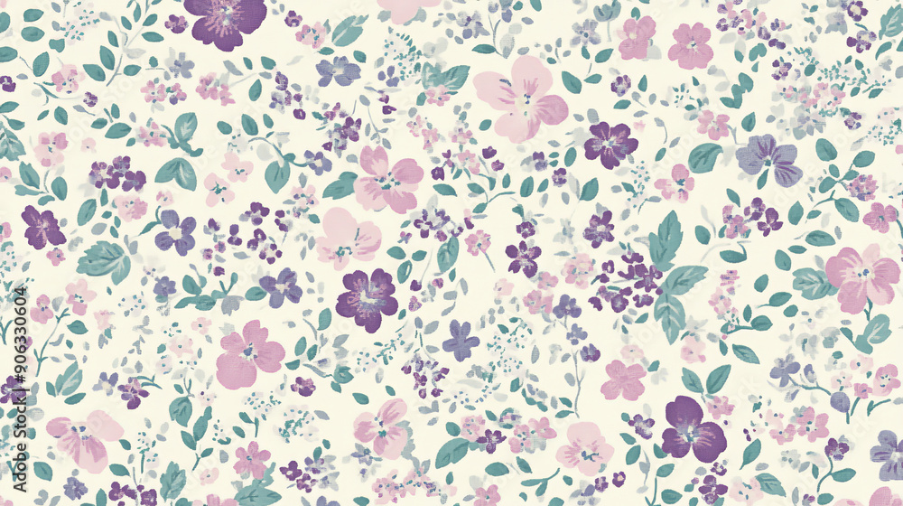 An elegant floral liberty pattern with a mix of tiny flowers and leaves in shades of lavender and mint, set against a soft cream background. An elegant floral liberty pattern with a mix of tiny flowers and leaves in shades of lavender and mint, set against a soft cream background.
