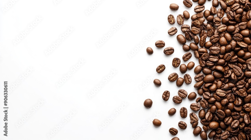 Freshly roasted coffee beans spread out on a white surface, offering plenty of space for custom text or coffee promotions. Freshly roasted coffee beans spread out on a white surface, offering plenty of space for custom text or coffee promotions.