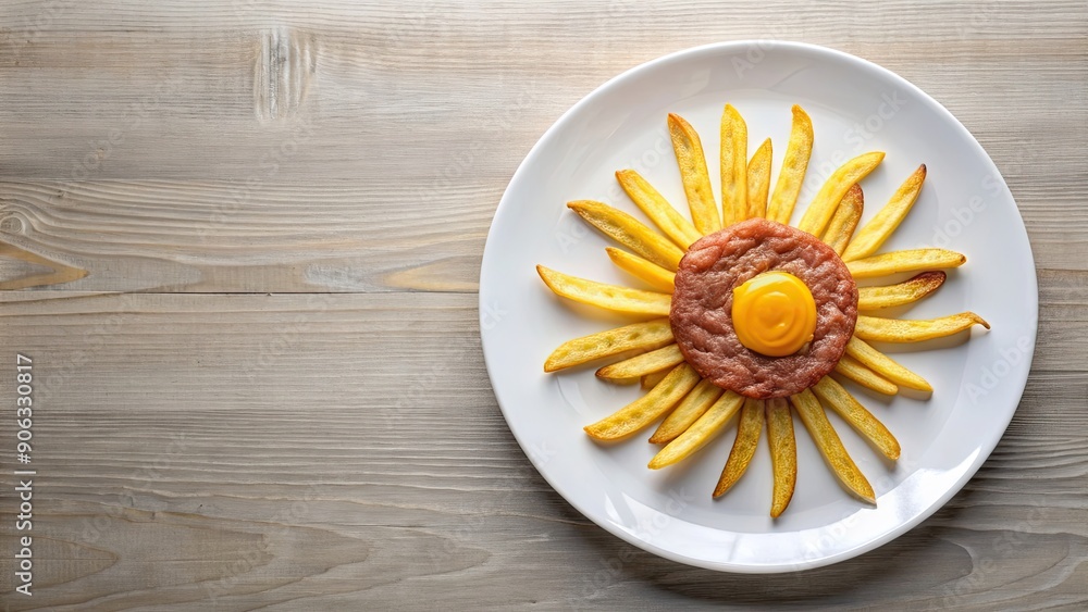 Sun meat and fries dish on a white plate , meal, sun meat, fries, food, dinner, lunch, plate, delicious, cooked, tasty, cuisine Sun meat and fries dish on a white plate , meal, sun meat, fries, food, dinner, lunch, plate, delicious, cooked, tasty, cuisine