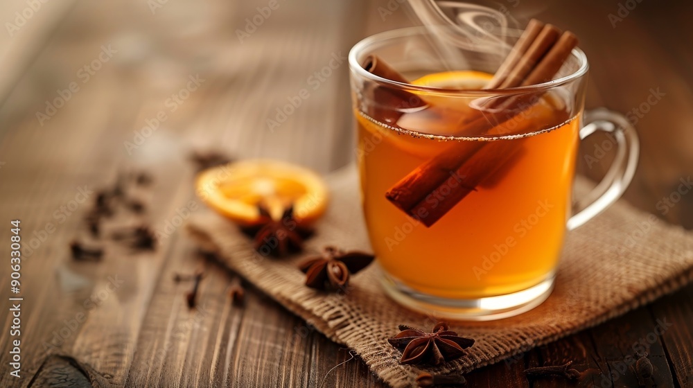 Steaming hot cider with cinnamon and star anise in a cup, isolated on a clean background, providing plenty of room for copy text or logos Steaming hot cider with cinnamon and star anise in a cup, isolated on a clean background, providing plenty of room for copy text or logos