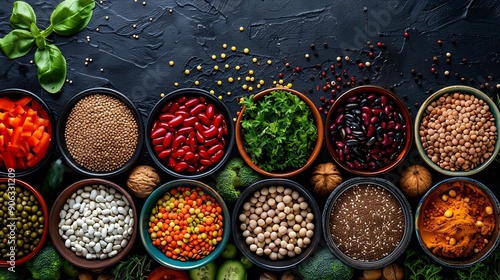 Vegan food for a healthy immune boosting diet with legumes vegetables nuts dips grains snacks and cereal products Plant based health foods for ethical eating and a healthy planet Flat  : Generative AI photo