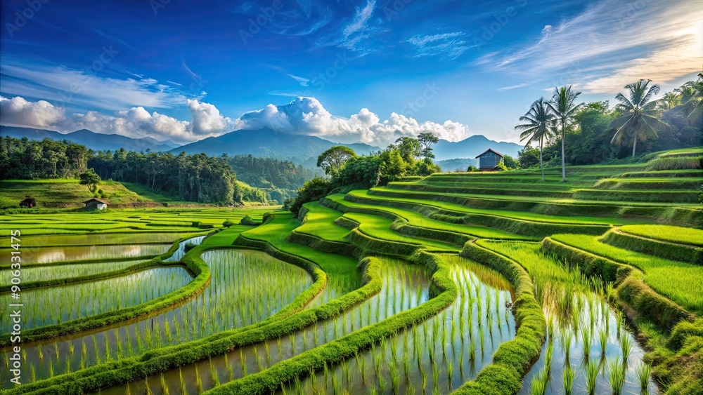 Landscape of lush green rice paddies under a clear blue sky , agriculture, farming, Asia, rural, serene, peaceful Landscape of lush green rice paddies under a clear blue sky , agriculture, farming, Asia, rural, serene, peaceful