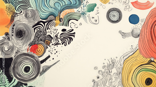 Creative doodle art header design with an array of quirky shapes and intricate textures, set against a neutral background for contrast. photo