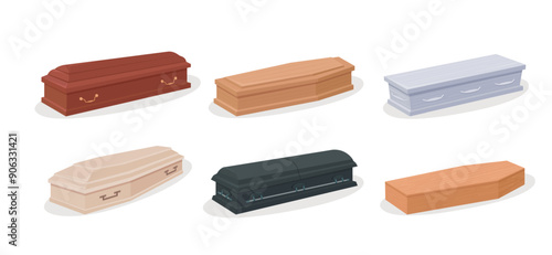 wooden coffins set. cemetery cartoon creepy Halloween funeral mummy tombstones collection. vector cartoon set of isolated items.