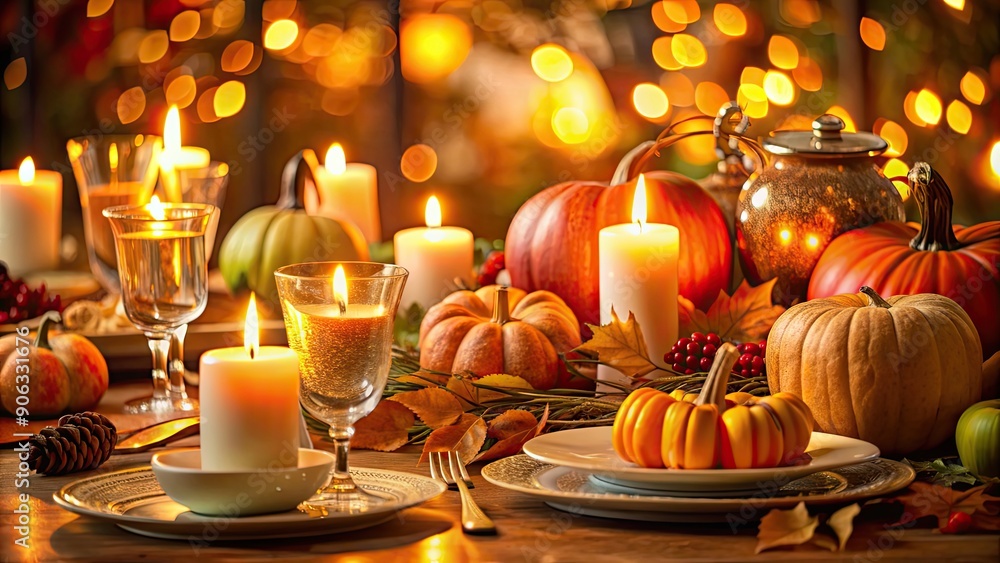 Warm and cozy Thanksgiving dinner table setting with candles , Thanksgiving, candles, festive, holiday, decoration, cozy Warm and cozy Thanksgiving dinner table setting with candles , Thanksgiving, candles, festive, holiday, decoration, cozy