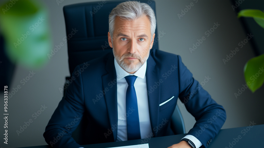 A confident senior executive sits at a desk, dressed in a sharp navy business suit and tie. He looks directly at the camera, exuding authority and professionalism. A confident senior executive sits at a desk, dressed in a sharp navy business suit and tie. He looks directly at the camera, exuding authority and professionalism.