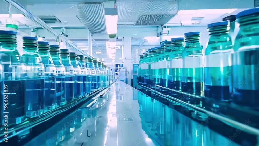 Pharmaceutical manufacturing process, Drug conveyor with medical glass bottles line at modern plant, Vaccine production, Pharmaceutical manufacturing process, Drug conveyor with medical glass bottles line at modern plant, Vaccine production,