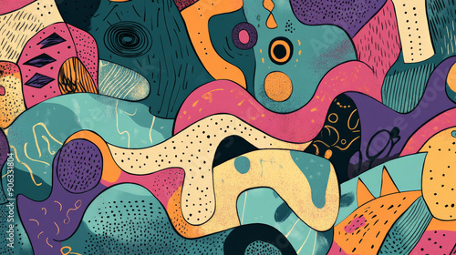 An eclectic doodle art header showcasing a mix of hand-drawn shapes and textures, using a harmonious color palette to create a cohesive design. photo