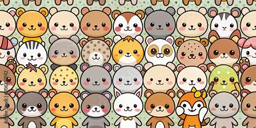 Fototapeta Naklejka Na Ścianę i Meble -  Pattern of adorable kawaii animals in various poses and expressions , kawaii, cute, animals, pattern, cartoon, whimsical, fun
