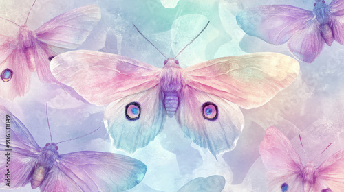 A pattern of delicate moths with wings in soft pastel colors like lavender, pink, and mint, creating a serene and enchanting background. photo