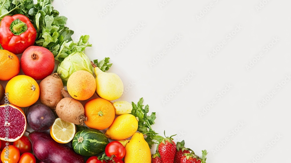 Organic fruits and vegetables for a shop banner, featuring a clean background with plenty of copy space for health-related ads. Organic fruits and vegetables for a shop banner, featuring a clean background with plenty of copy space for health-related ads.