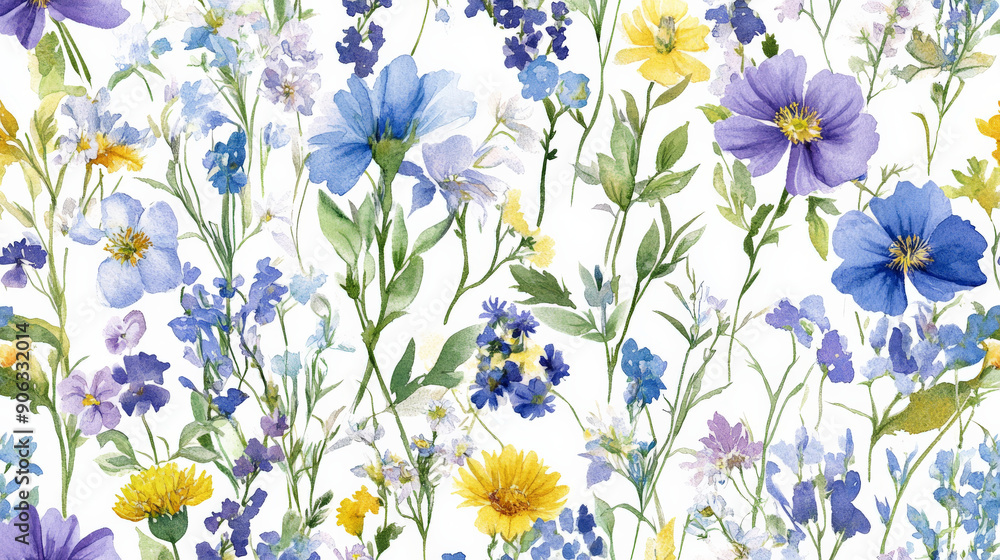 Obraz premium An intricate seamless watercolor floral pattern with a mix of wildflowers and foliage in vibrant blues, purples, and yellows, set against a white background.