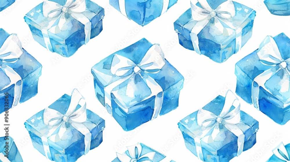 Watercolor painting of blue gift boxes with white ribbons in a repeating pattern. Concept of presents, Christmas, holiday gifts, celebration, festive wrapping. Festive background Watercolor painting of blue gift boxes with white ribbons in a repeating pattern. Concept of presents, Christmas, holiday gifts, celebration, festive wrapping. Festive background