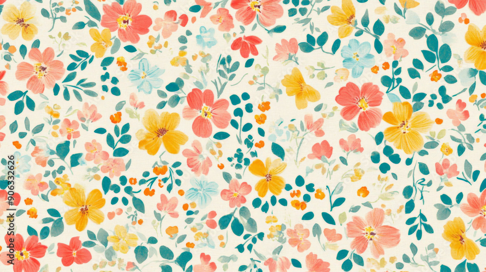 A charming floral liberty pattern with tiny flowers and leaves in vibrant shades of coral, turquoise, and yellow, set against a white background. A charming floral liberty pattern with tiny flowers and leaves in vibrant shades of coral, turquoise, and yellow, set against a white background.