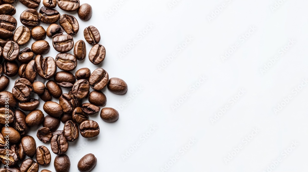 Roasted coffee beans arranged on a white backdrop, ideal for coffee-themed marketing with plenty of copy space. Roasted coffee beans arranged on a white backdrop, ideal for coffee-themed marketing with plenty of copy space.