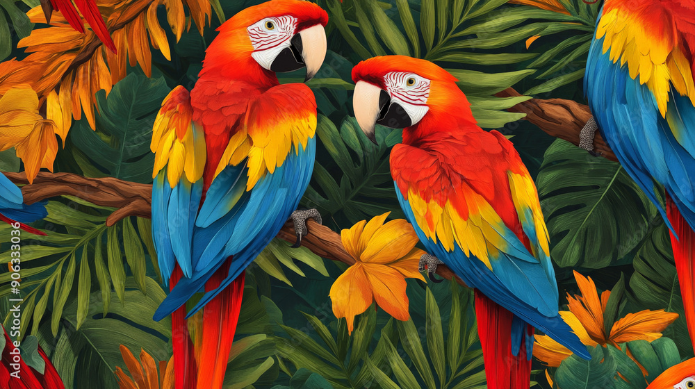 Obraz premium A pattern of colorful macaws with feathers in vivid shades of red, blue, and yellow, perched on tropical branches, creating a vibrant and exotic background.
