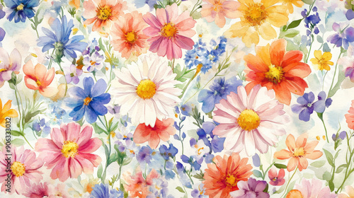 A whimsical seamless watercolor floral pattern with a variety of daisies and wildflowers in vibrant, cheerful colors, evoking a sense of playfulness and joy.